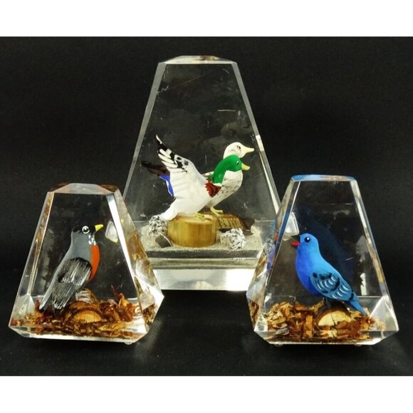 Vintage MCM Clear Lucite Prism Paperweight Lot Birds Canada Wood Carved - Picture 1 of 16